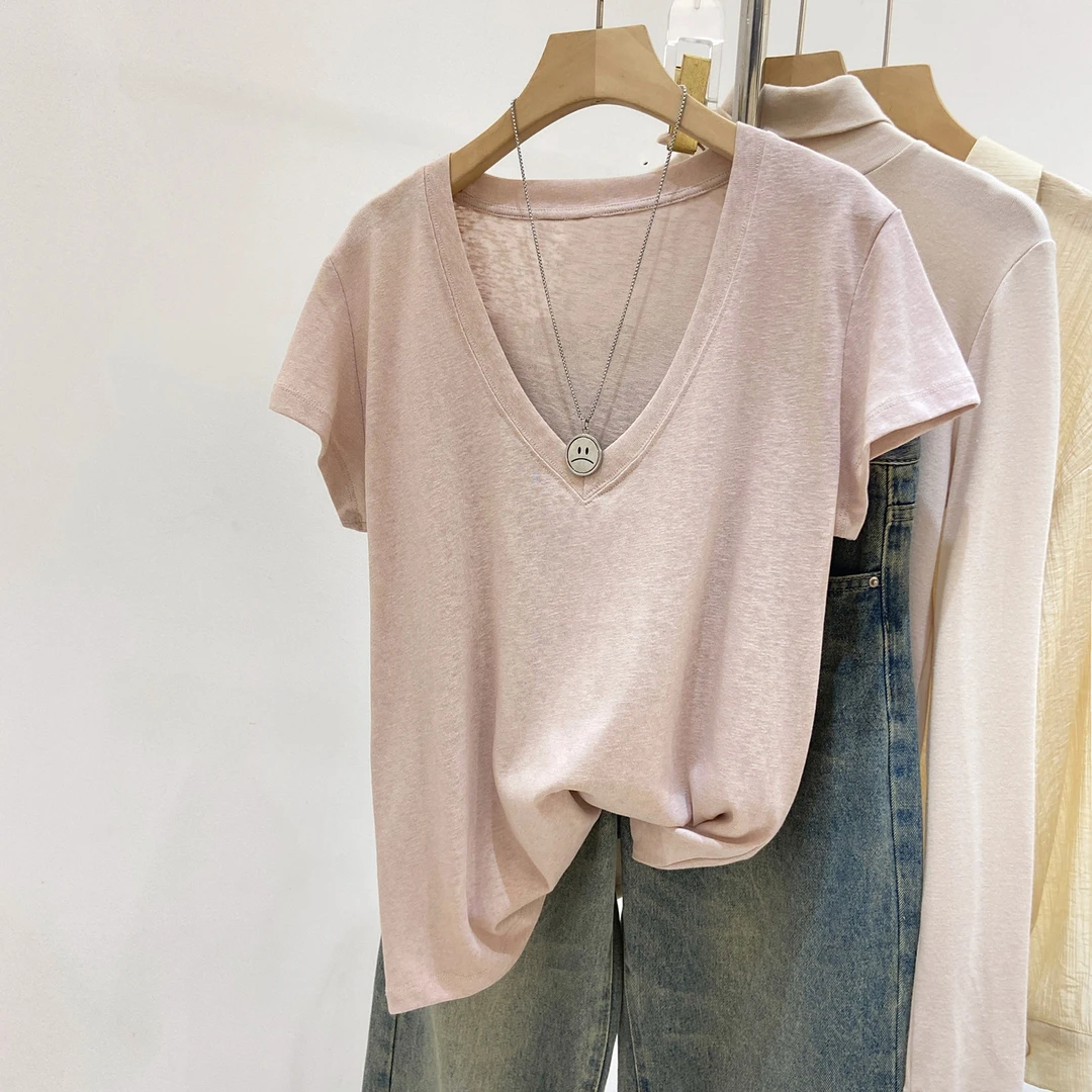 胖mm显瘦短袖T恤女肌理感软糯舒适v领休闲套头宽松上衣女2025夏季