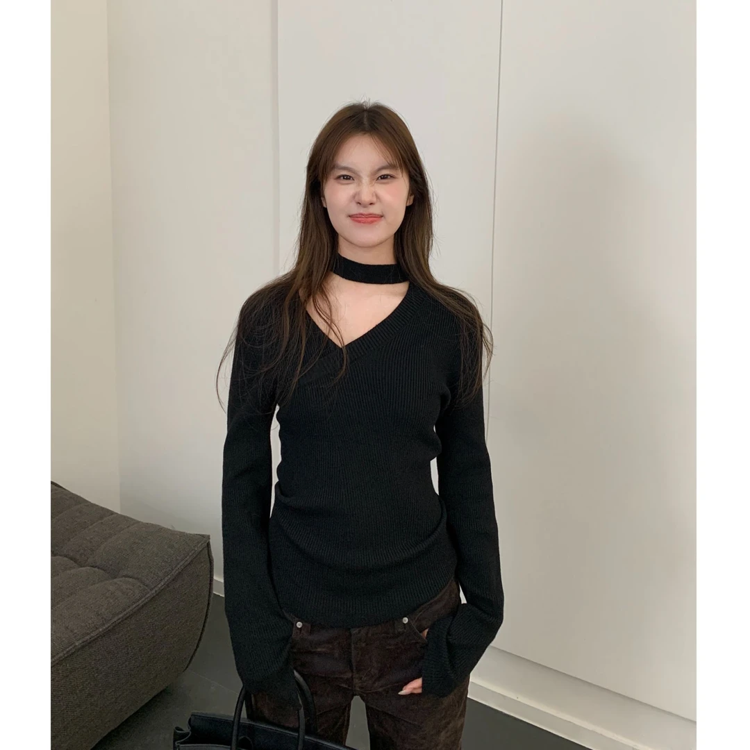 天丝羊毛挂脖V领长袖针织衫女秋冬韩系设计感百搭修身上衣 ST835