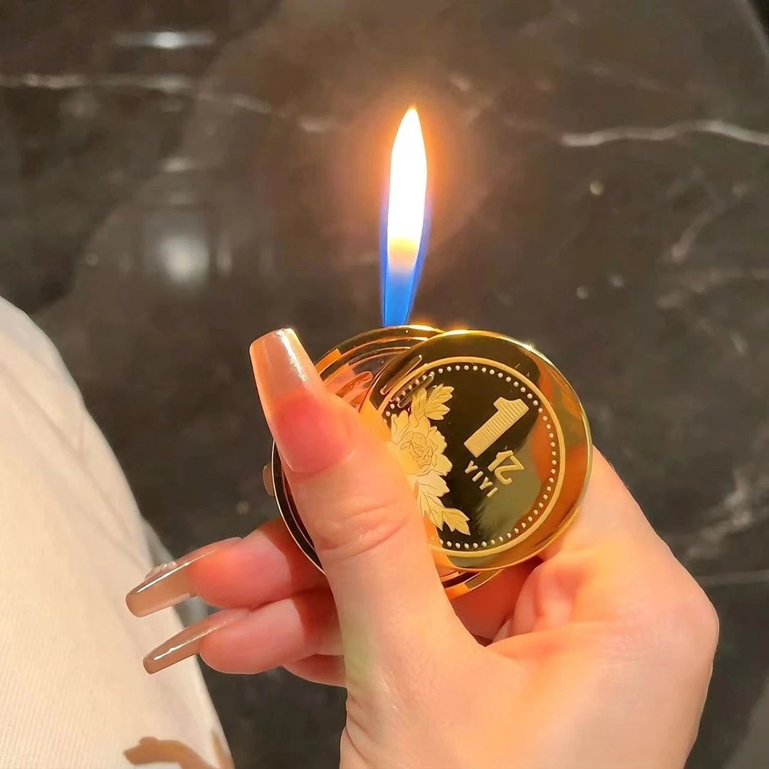 新年转大钱创意金币充气明火打火机个性旋转超酷好运点烟器送男友