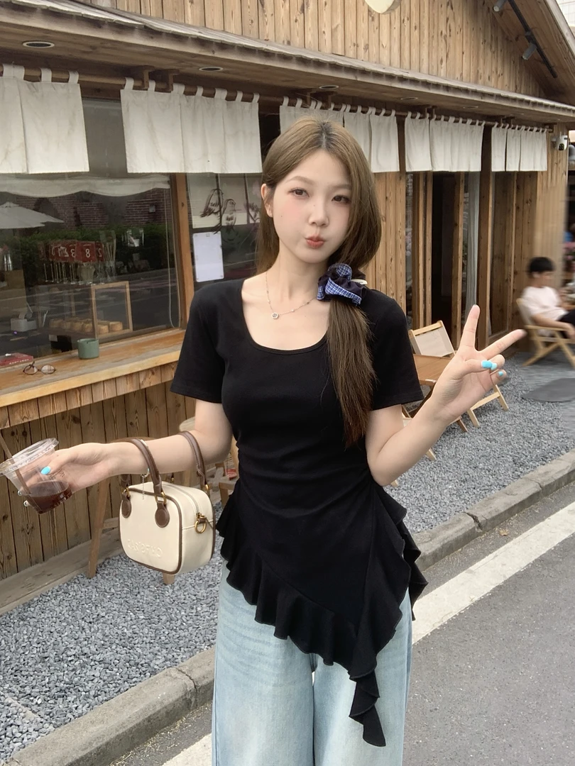 大码胖mm不规则荷叶下摆抽褶短袖t恤女夏季修身显瘦上衣打底衫