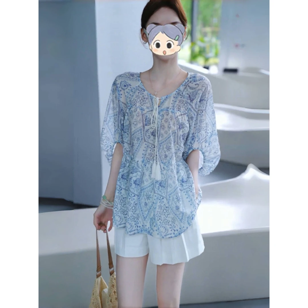 洋气设计感碎花衬衫女夏季气质时尚度假风宽松薄款五分袖小衫上衣