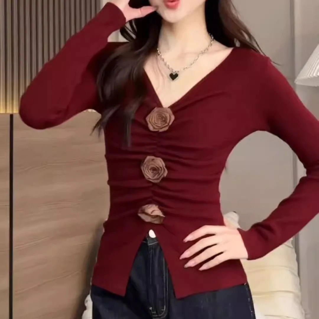 大码立体花朵v领长袖T恤女春秋新款韩版褶皱收腰黑色紧身开叉上衣