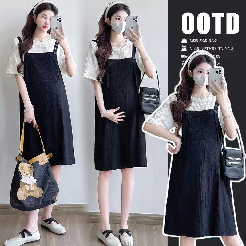 孕妇夏季短袖连衣裙时尚显瘦减龄小个子拼接假两件孕妇裙洋气