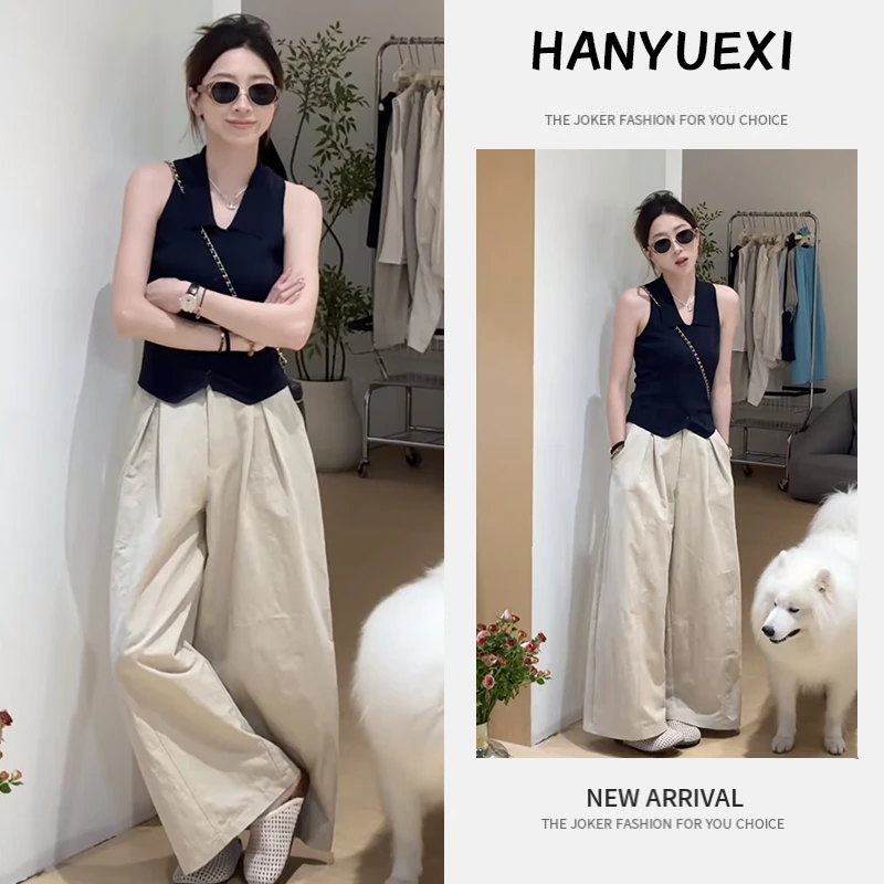 夏季时尚一整套女装2025新款无袖Polo领针织衫高腰阔腿裤两件套装