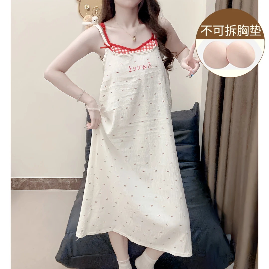 夏季睡裙女甜美风假两件性感吊带胸垫睡衣新款夏天小个子家居服薄