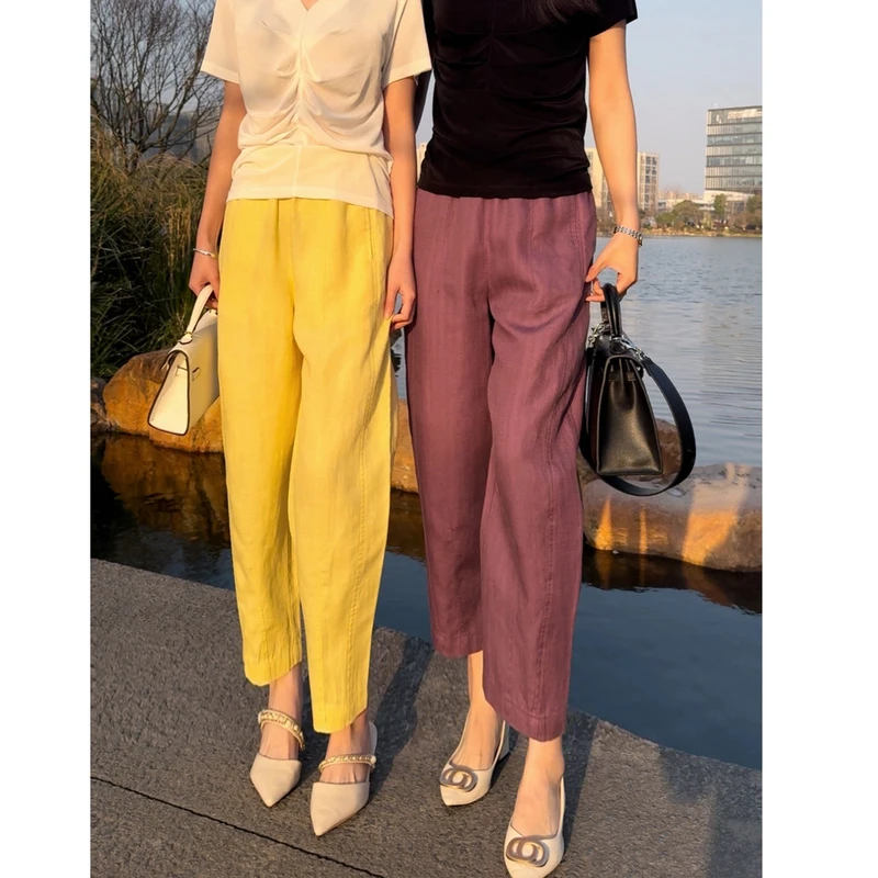 女裤亚麻裤2025夏季新款哈伦裤小脚裤小直筒裤松紧腰显瘦宽松薄款