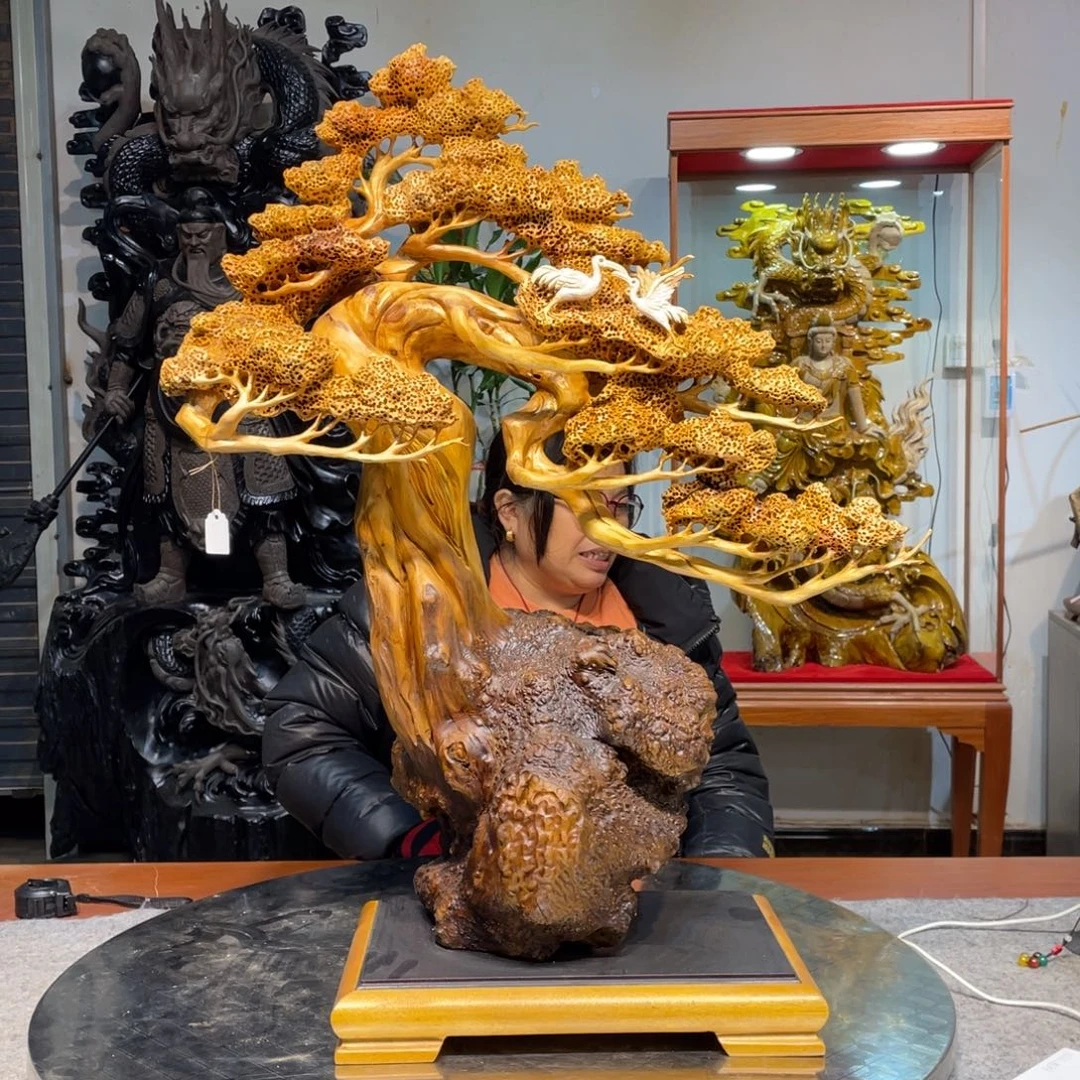 香榧木木雕迎客松精品