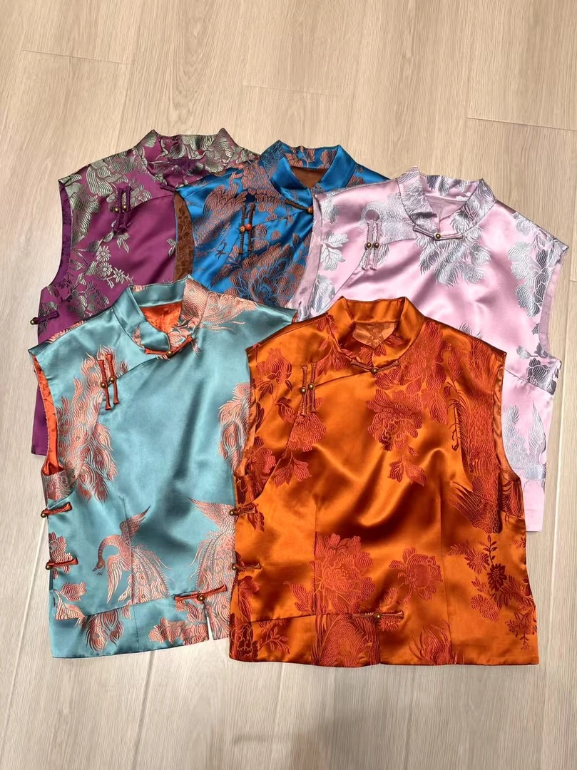 新中式立领漂亮刺绣桑蚕丝上衣夏季手工盘扣国风款式无袖衬衫复古