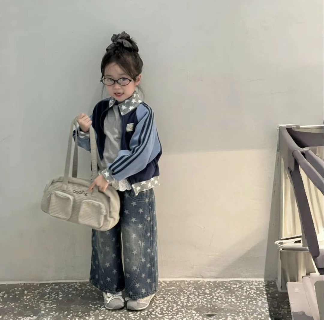 女童加绒套装2025秋冬新款韩版星星撞色外套儿童加绒牛仔裤两件套
