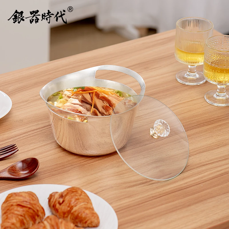 银器时代 元宝银锅手工银锅足银999家用蒸煮一体式带盖汤锅炖锅