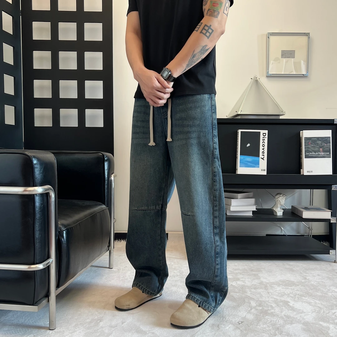 牛仔裤男裤秋冬加绒美式复古水洗直筒休闲牛仔裤阔腿裤子男潮