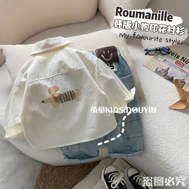 【麦麦妈】C052春季小童小狗印花衬衫春季新品男女宝宝休闲清爽