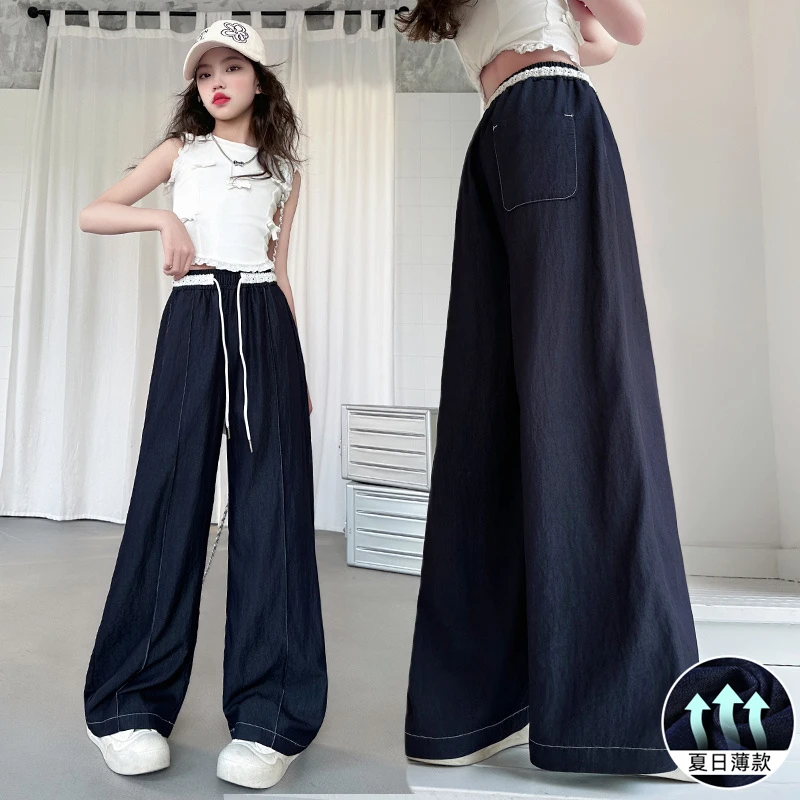 女童夏季薄款净色牛仔裤2025新款中大儿童韩版洋气宽松直筒阔腿裤