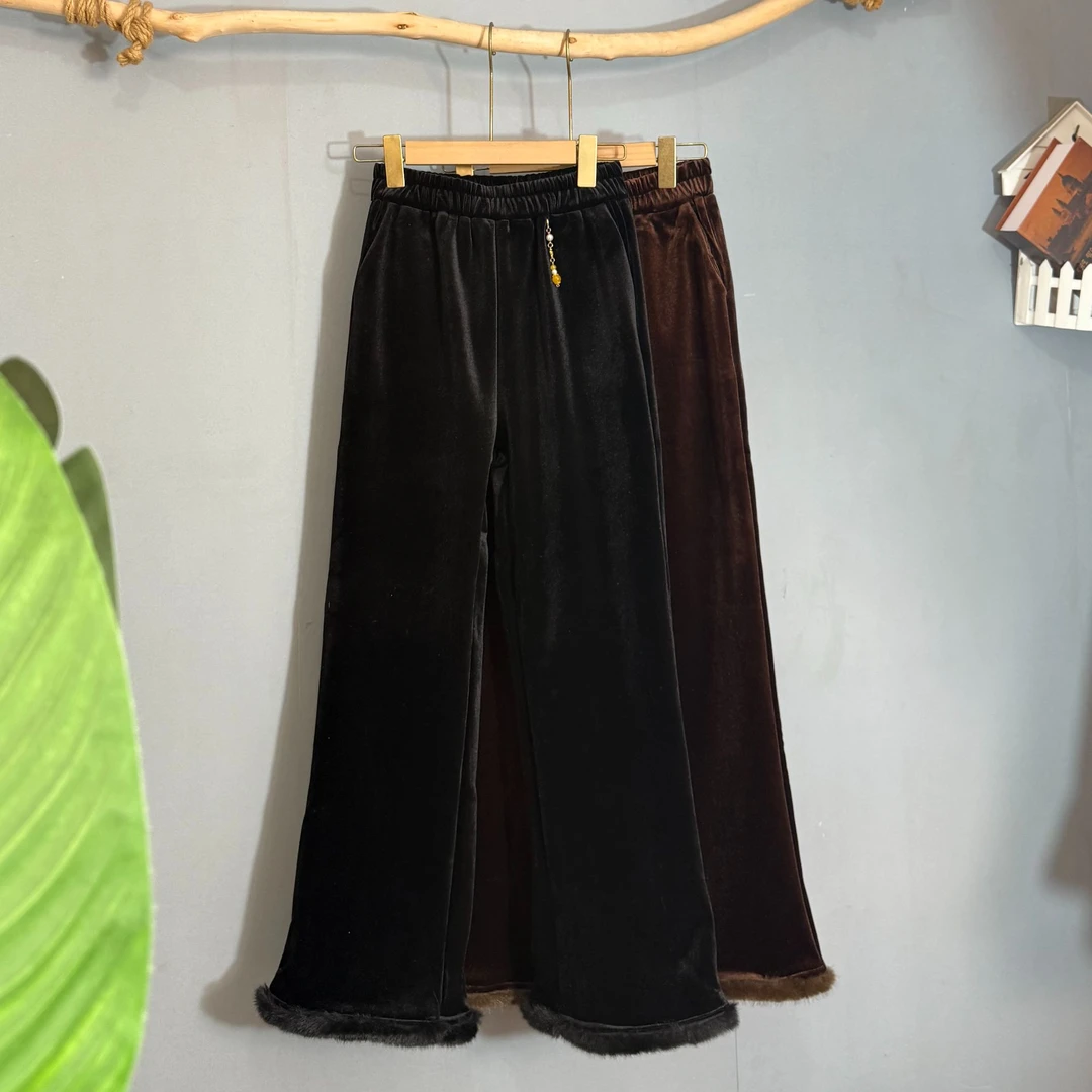 2025新款冬季新中式高腰休闲裤宽松直筒加绒加厚款丝绒裤子女装