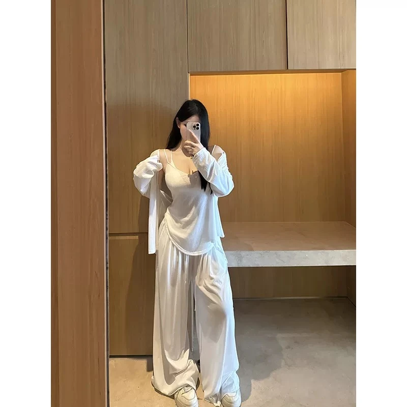 2025夏季胖mm慵懒松弛感白色防晒吊带背心阔腿裤三件套