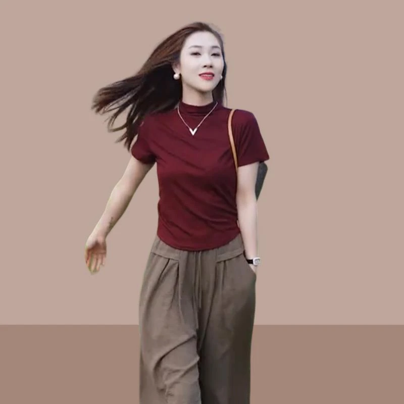 2025夏季新款女士时尚短袖t恤百搭减龄气质半高领修身纯色上衣服