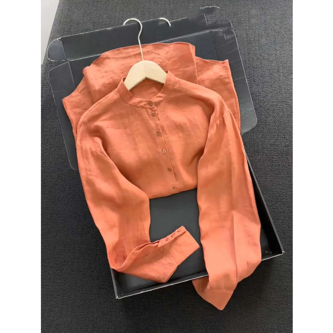 法式蜜橘色圆领长袖衬衫女2025新款早秋独特别致减龄洋气百搭上衣