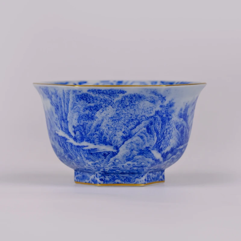 谢凯｜景德镇纯手绘青花山水六方杯描金高端茶具陶瓷