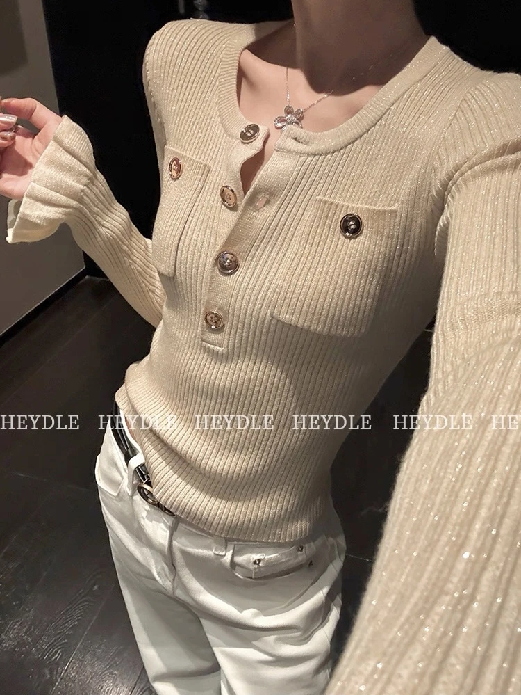 修身半开领纽扣气质金色亮丝坑条针织衫秋冬高级感打底长袖上衣女
