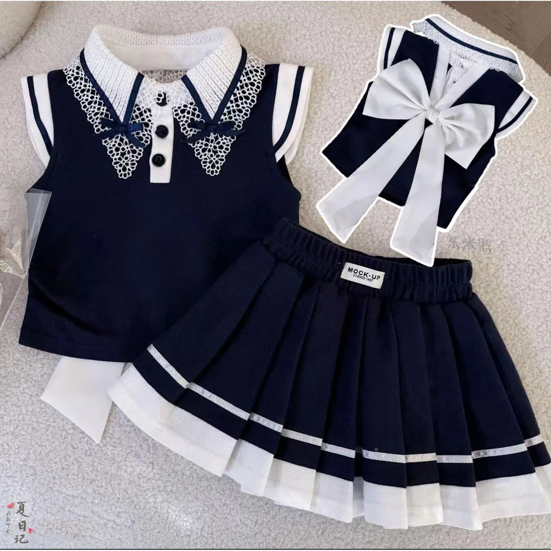 爆款女童蕾丝恤百褶裙洋气2025无袖蝴蝶结上衣短裙儿童甜美中大童