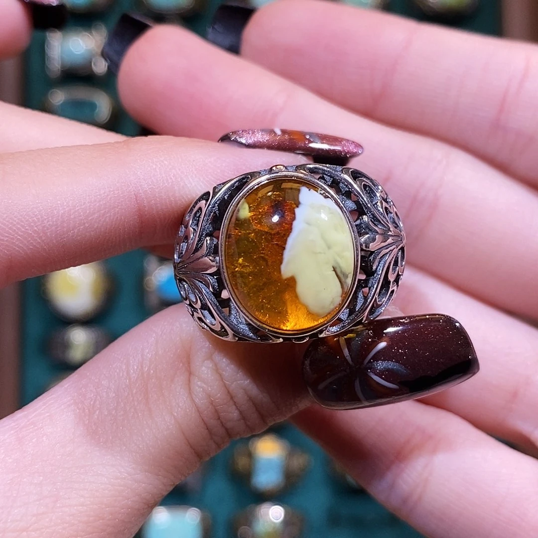 琥珀戒指银S925镶嵌爱****熊戒指