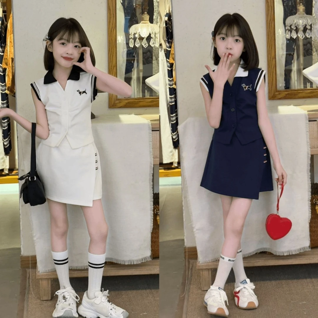 女童夏季休闲运动套装2025新款中大童夏装韩系POLO衫裙裤两件套潮