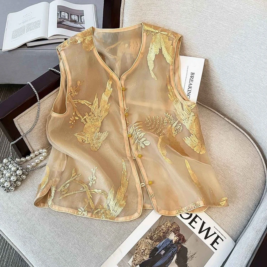 夏季轻薄新款新中式国风刺绣盘扣马甲外穿无袖马甲背心女百搭上衣