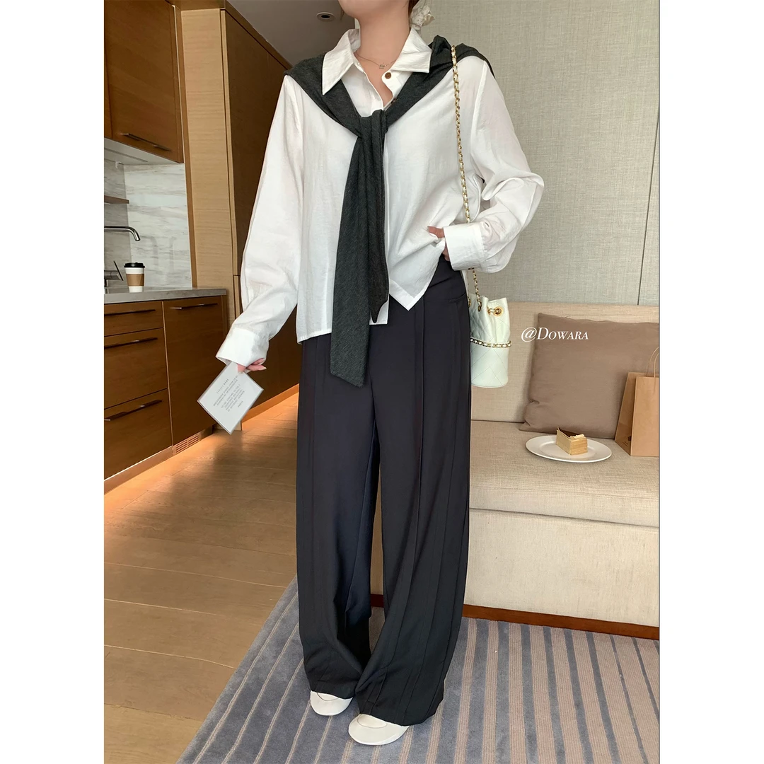 现货大婉酱微胖定制深灰色西装裤女高腰显瘦垂感直筒休闲裤6571D