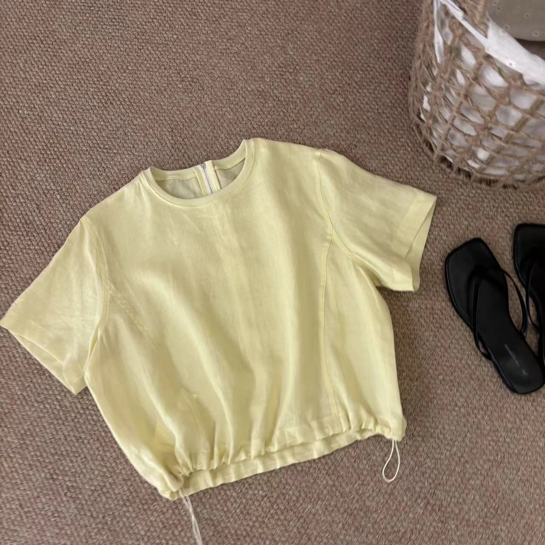 韩国 夏时尚百搭宽松显瘦圆领后背拉链个性短袖苎麻上衣黄色休闲