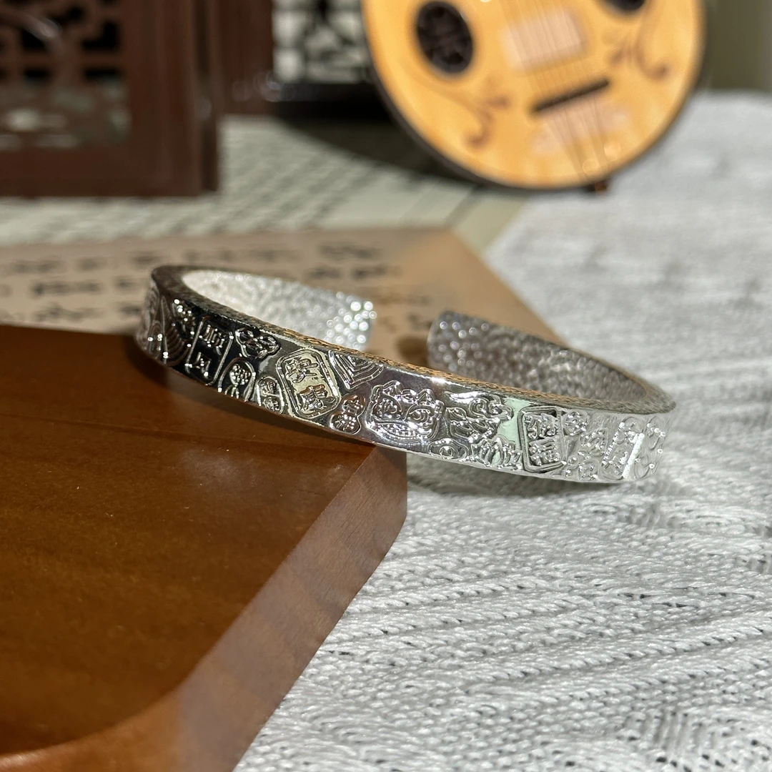 三面吉言银手镯男女实心开口纯手工招财猫999.9银镯子情人节礼物