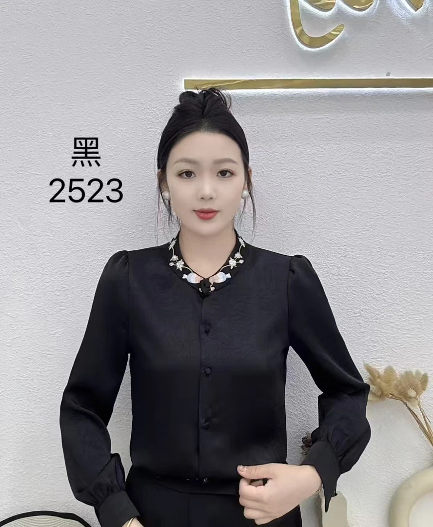 2025春季新款中式国风立领刺绣衬衣时尚百搭气质长袖上衣