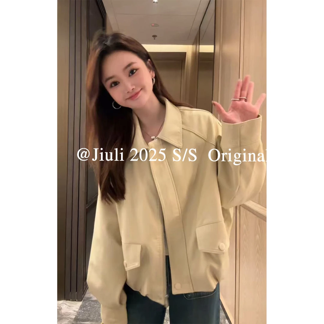 九莉【春雨】翻领拉链洋气百搭皮衣外套