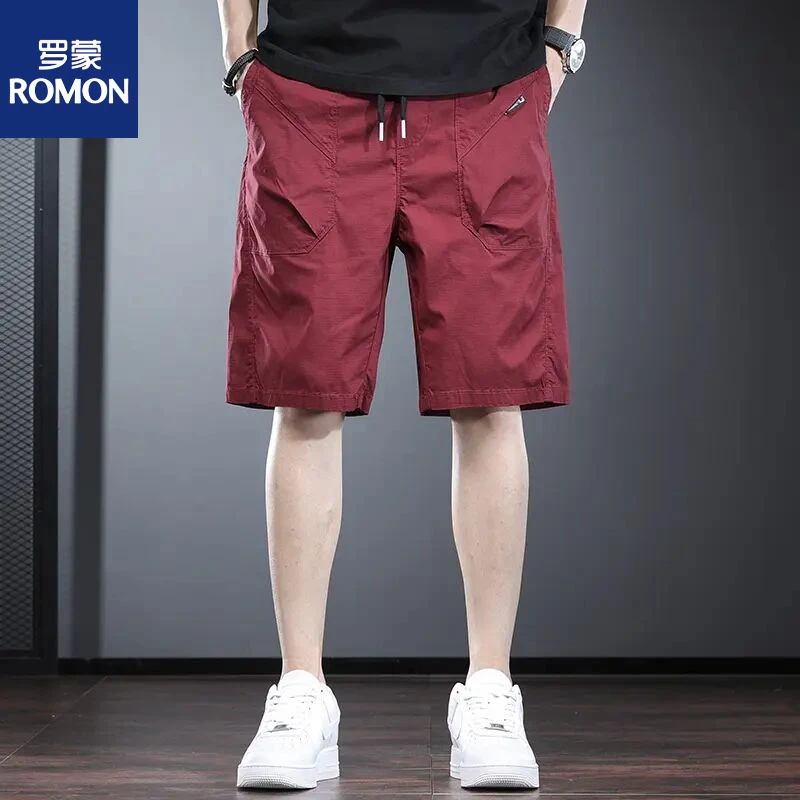 罗蒙酒红色短裤男夏季潮流宽松直筒中裤高级感欧美工装休闲五分裤
