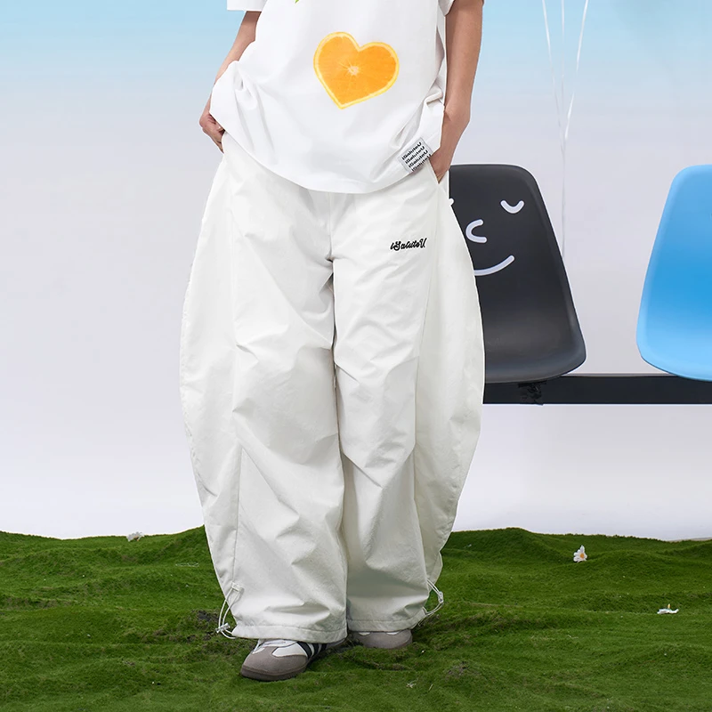 iSaluteU白色弯刀裤美式复古潮流宽松微皱工装阔腿裤伞兵裤男女款