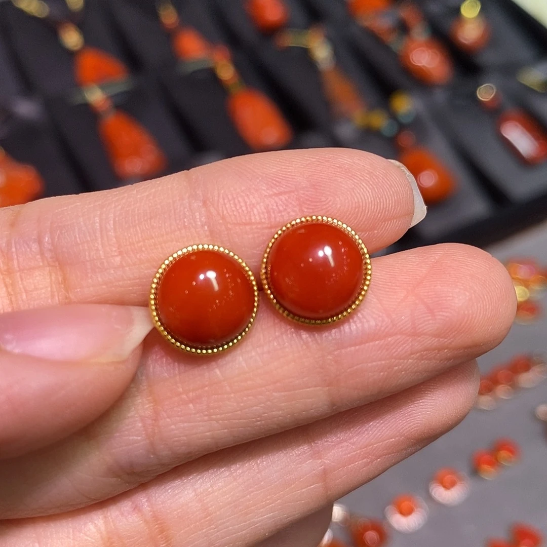 南红玛瑙四川凉山瓦西耳钉银S925镶嵌