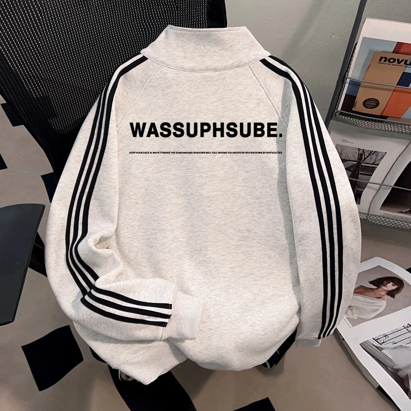 WASSUP HSUBE白灰色潮流百搭男士外套卫衣秋冬季重磅开衫立领上衣