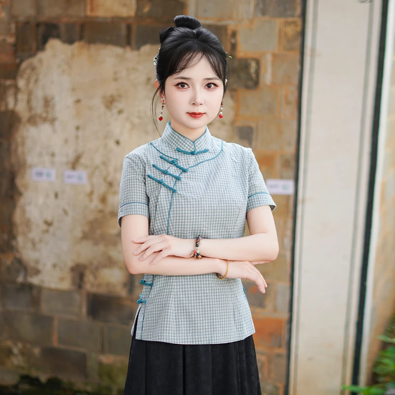 筠雅夏季新款唐装上衣女中式改良复古时尚格子女士斜襟短袖25J226