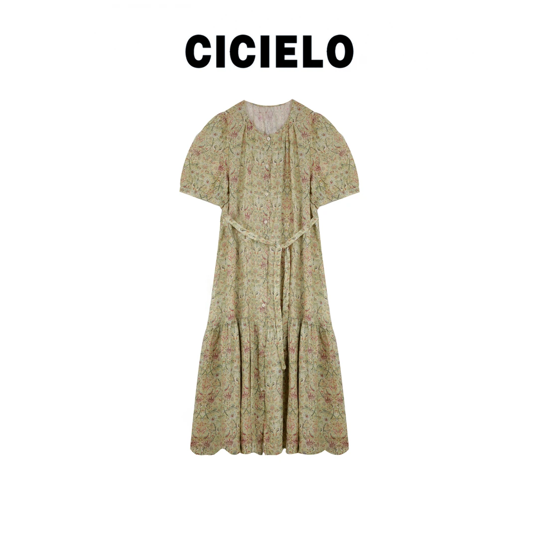 【CICIELO】100苎麻清新印花长款设计师连衣裙