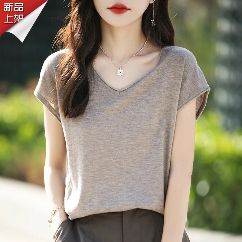 哥弟阿玛施正品2025夏季新款桑蚕丝短袖T恤女气质V领百搭显瘦上衣