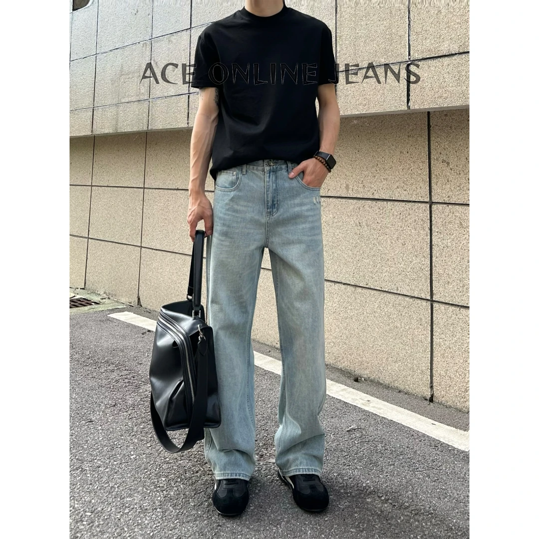 【赛络纺】夏季美式高街浅蓝色直筒牛仔裤百搭宽松cleanfit休闲裤