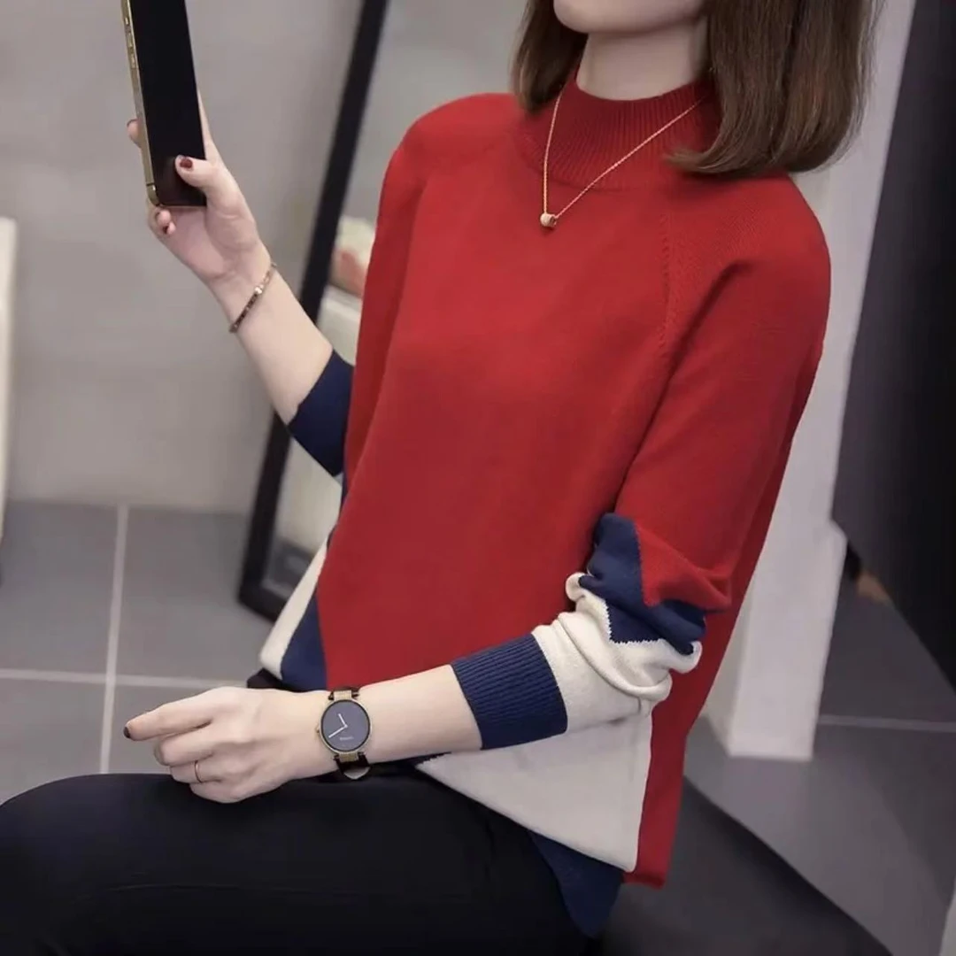 【专柜撤柜】时尚洋气宽松百搭半高领拼色加厚款毛衣针织打底衫女装