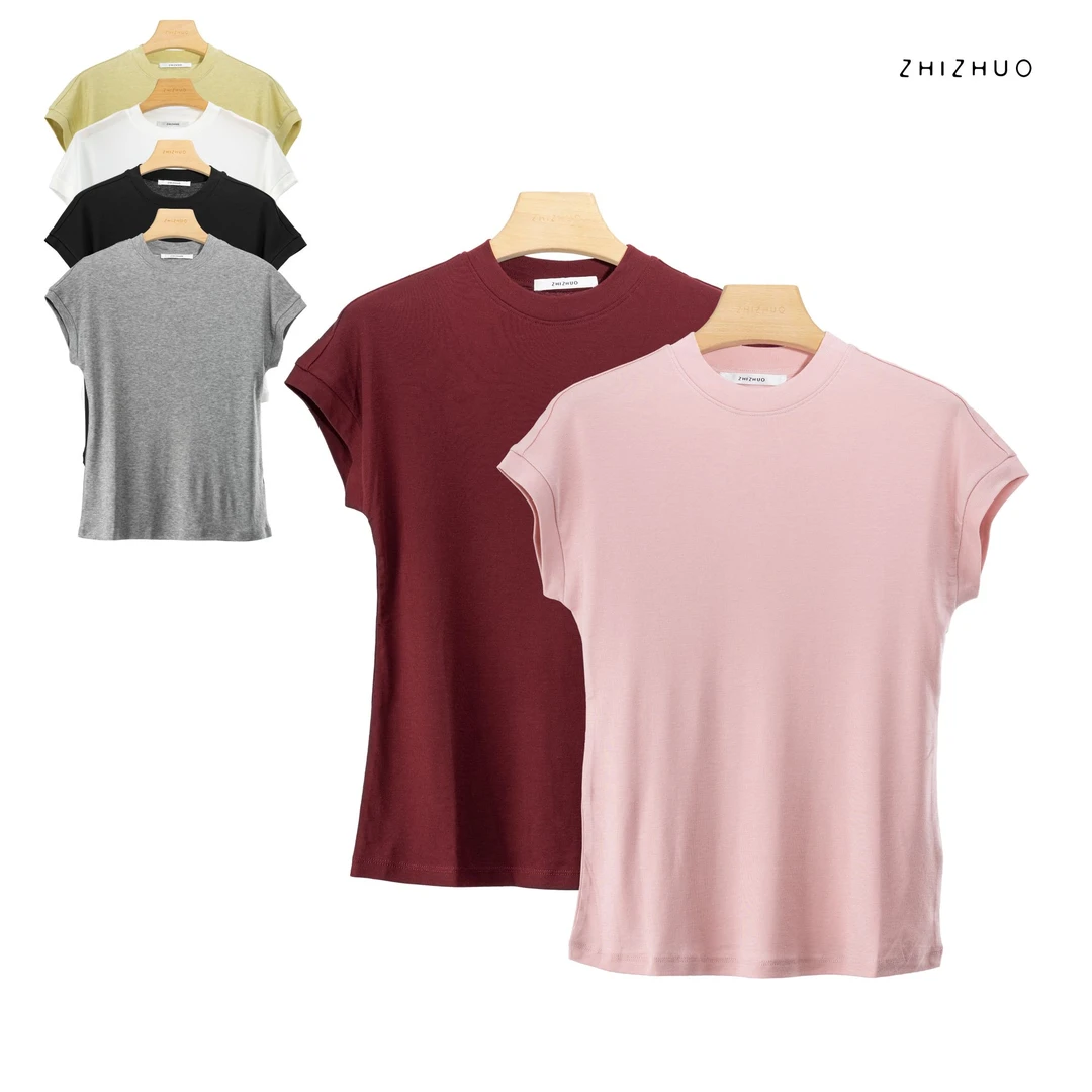ZHIZHUO/柔情似水 圆领弹力显瘦纯色亲肤百搭时尚气质T恤