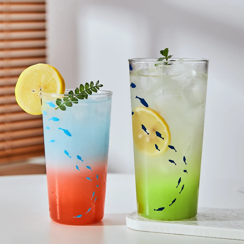 简约透明小鱼杯玻璃杯创意清透高颜值大容量牛奶咖啡学生喝水杯子