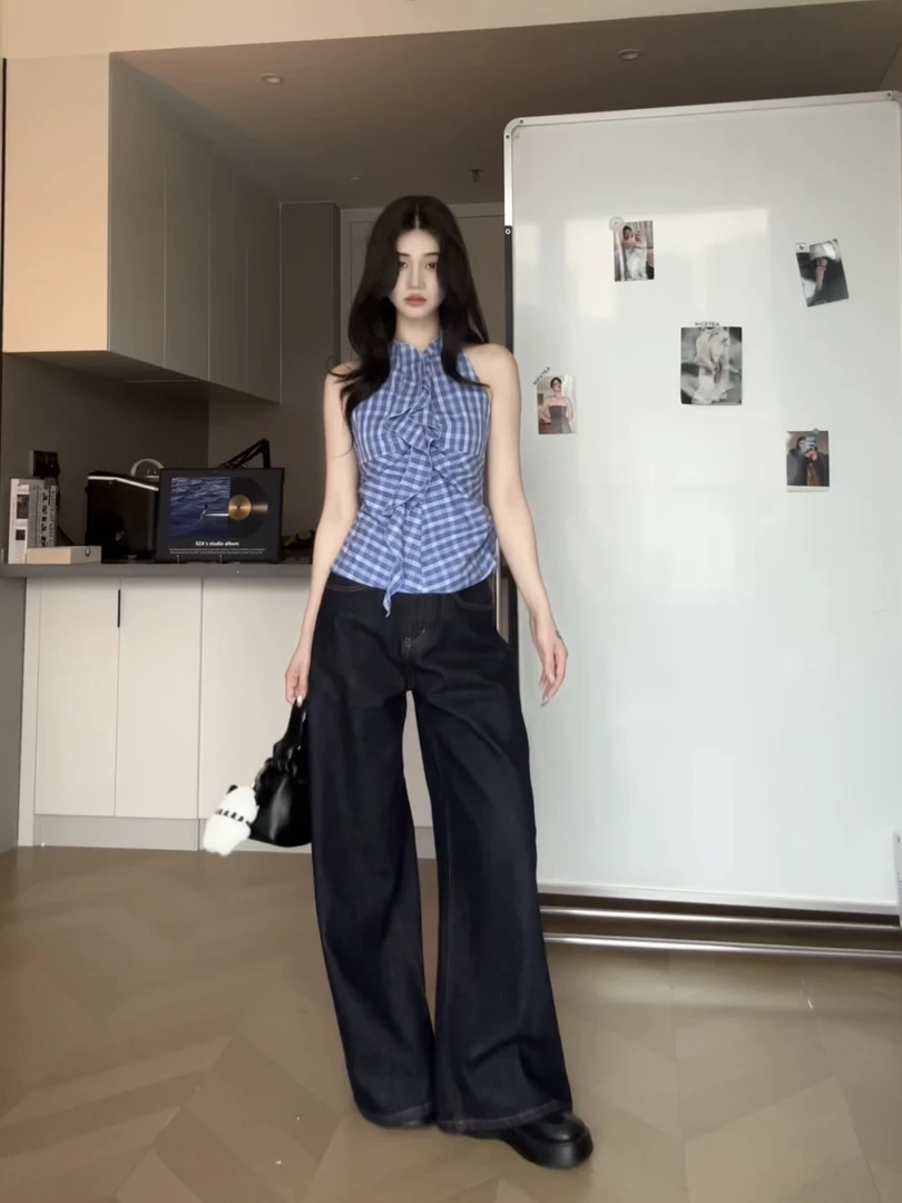 WINMIN 都市浪漫 夏季设计感蓝色格纹V领挂脖背心上衣牛仔裤女