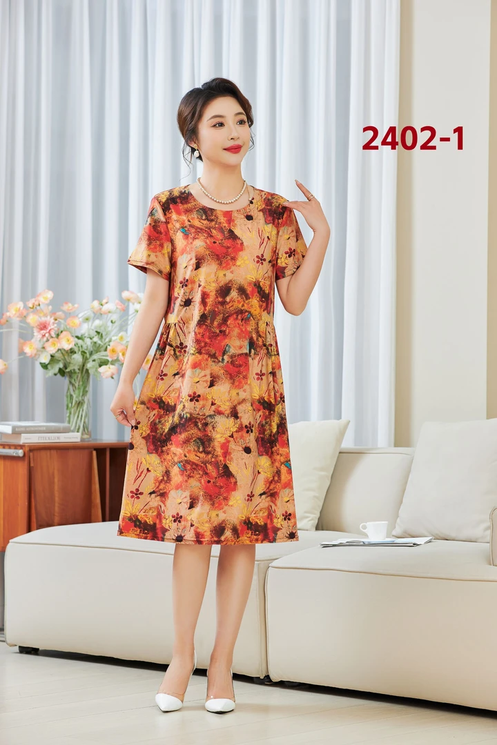 夏季妈妈装中老年冰丝时尚凉凉裙2402