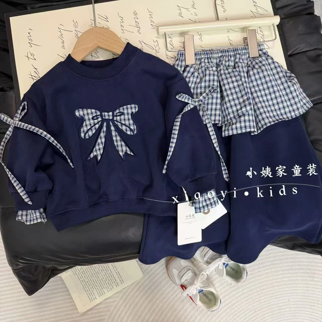 【秋上新】女童2025新款春秋装洋气韩版刺绣蝴蝶格子皮帘阔腿裤套装