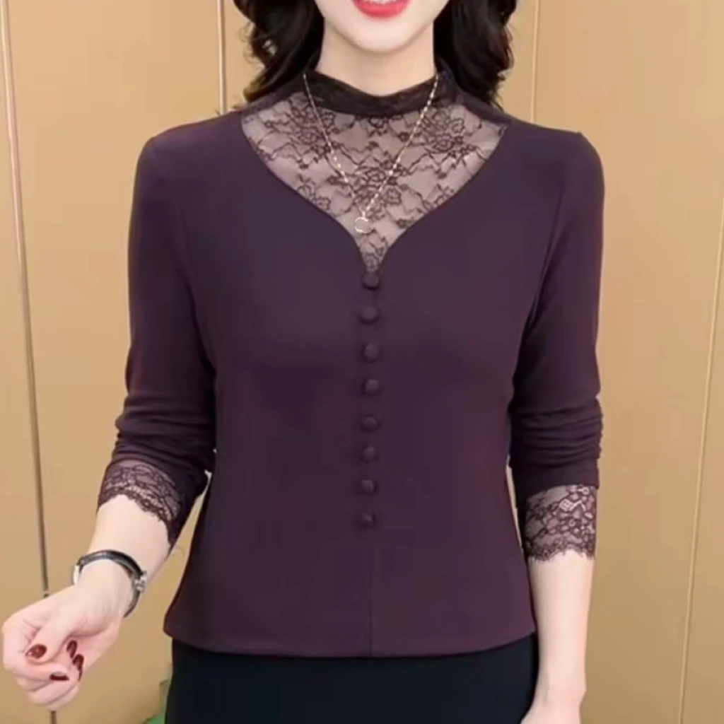 秋季新款时尚半高领优雅长袖打底衫显瘦减龄设计感拼接蕾丝上衣女