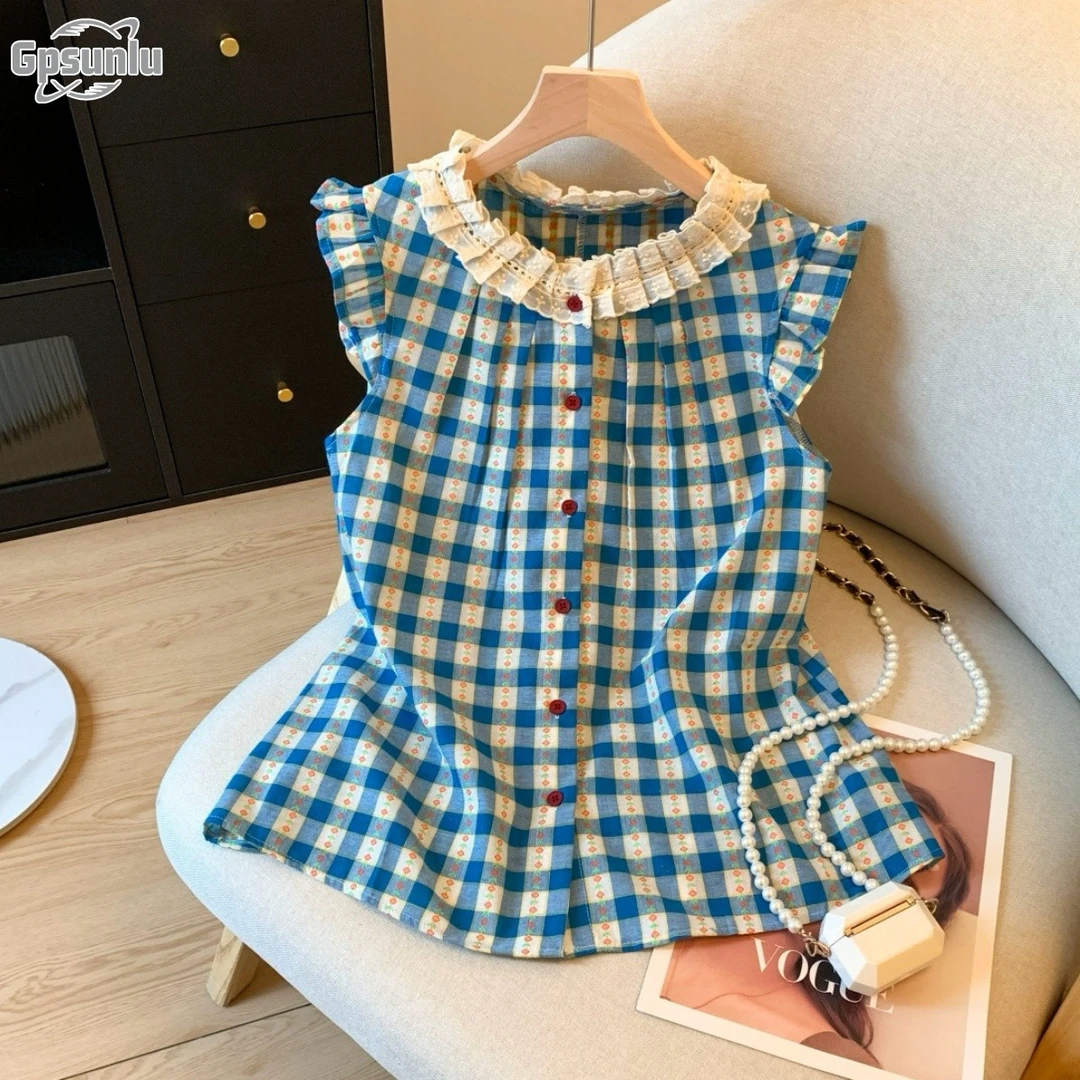 gpsunlu韩系甜美碎花拼接短袖背心衬衫女夏季V领小飞袖雪纺衬衫