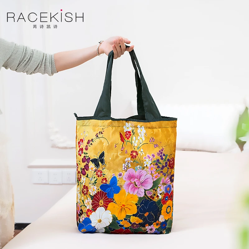 Racekish金色花卉束口收纳手提包单肩小清新布袋便当包