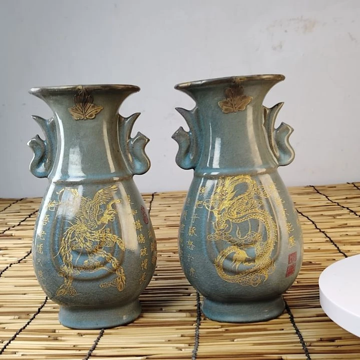 山***峰摆件陶汝窑描金包铜口老工艺